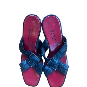 BCBG Black Leather Buckle Slide Sandals with Red Insole
